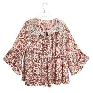 Style & Co Womens Floral Tiered Peasant Top 2X Flare Ruffle Sleeve Lace Boho